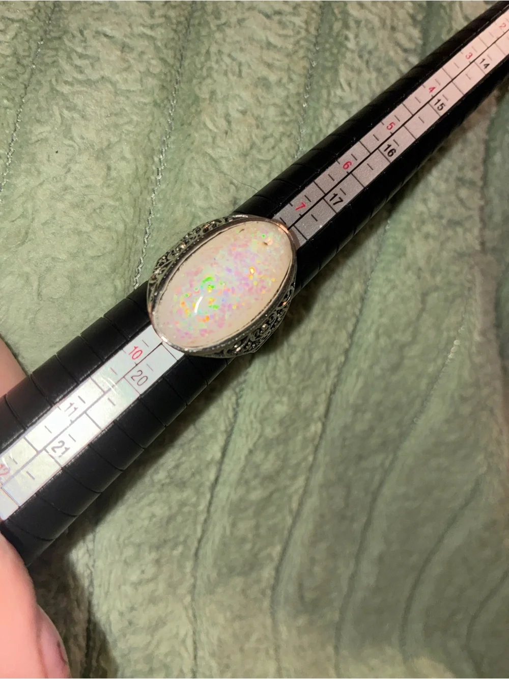 Source Unknown Oval Iridescent Opal-Style Filigree Ring with Multicolor Flash
